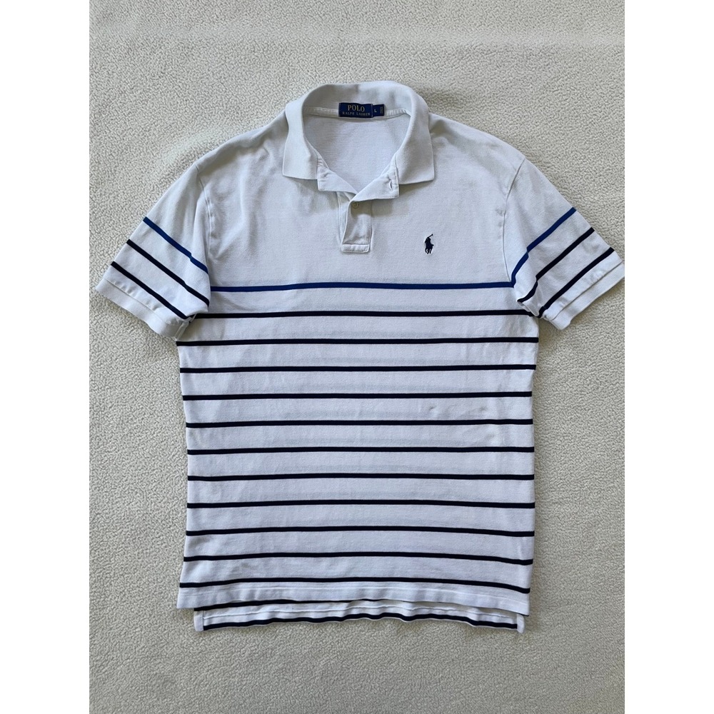 Polo Ralph Lauren Men Large Polo Shirt White Navy Blue Striped Cotton Pique Pony